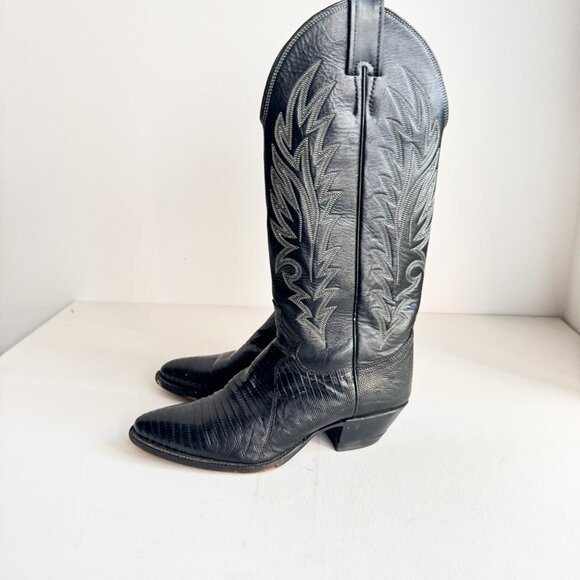 Vintage Justin Black Embroidered Cowboy Tall Boots 6B - Picture 1 of 8